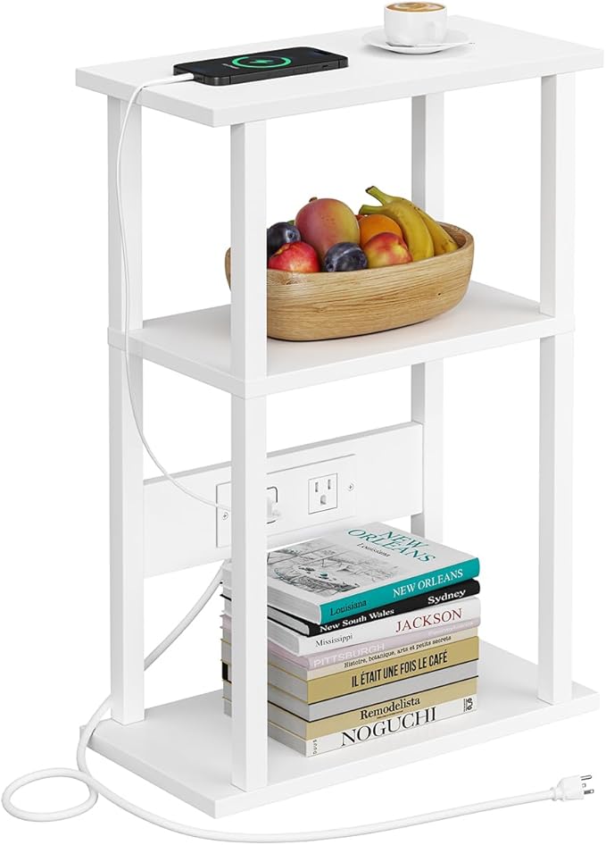 VIMBER Narrow Side Table with Charging Station, 2 Set Skinny End Table for Small Spaces, Sofa Beside Tables with Storage Shelf, Slim Nightstand with USB Ports Outlet, Couch Table White UTBT003W2