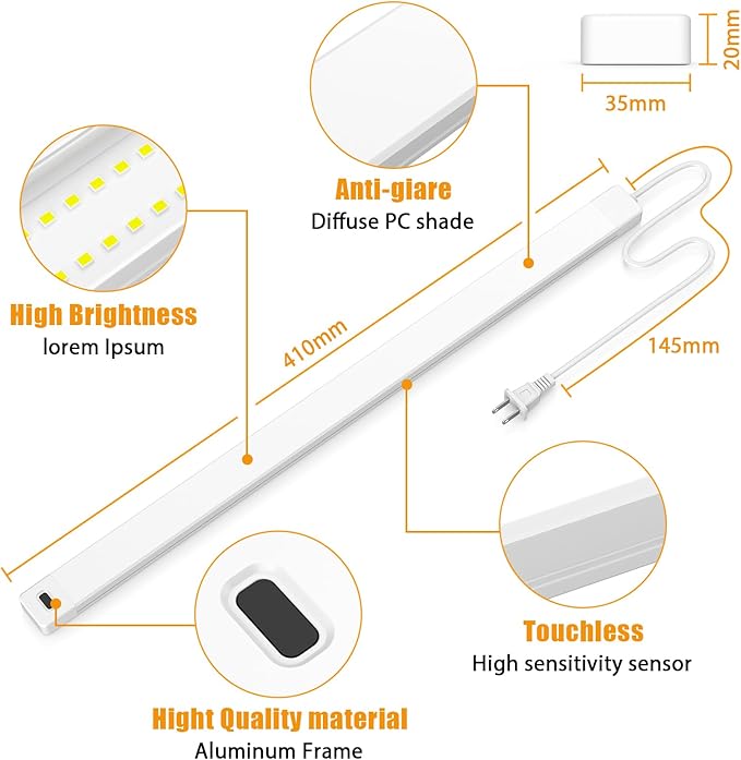2pcs Hand Wave Under Cabinet Lights, 16" Under Counter Lighting with Dimmable and 4000K Natural White,Plug and Play,LED Lights for Kitchen Cabinet, Cupboard, Closet, Desk