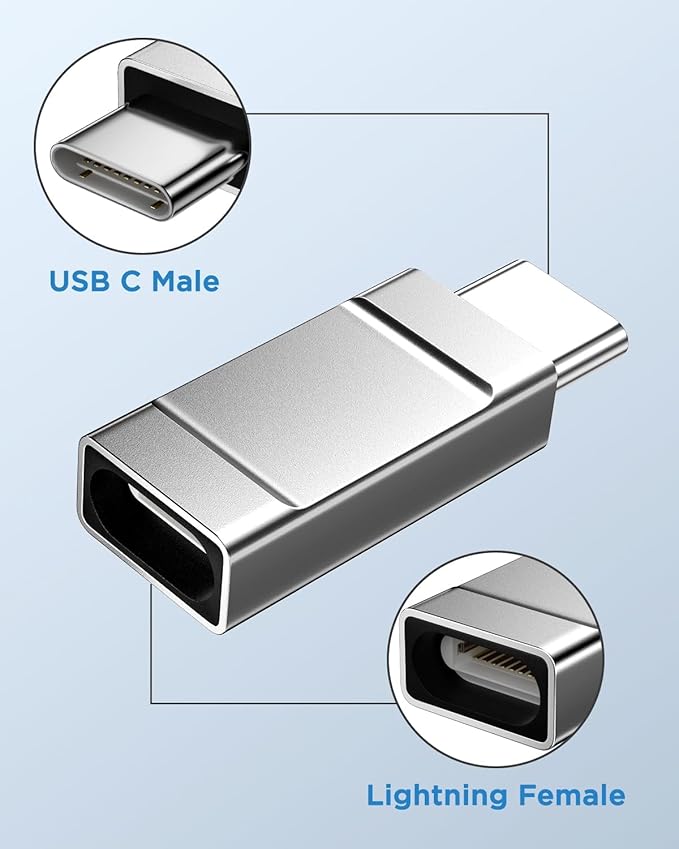 Lightning to USBC Adapter 2 Pack Lightning Female to USB C Male Adapter for iPhone 15/15 Pro,Samsung S24/23, Support Charging/Data Transfer Lightning to USB C Adapter, Not for Audio/OTG,Silver