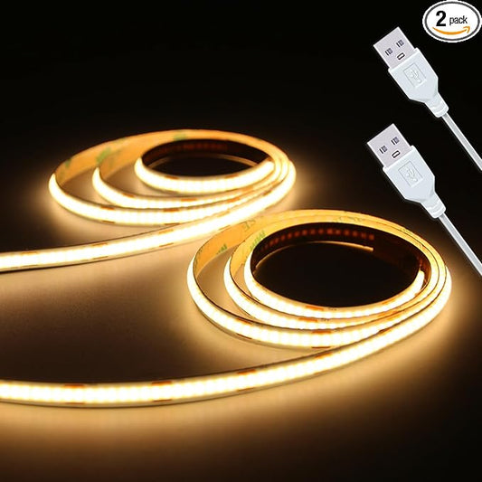 Led Strip Lights 5V USB 320 LEDs 2Pack Short COB LED Strip Light 3000K Warm White Not Dimmable Flexible Small led for Home DIY Lighting Room Decor TV Lights Indoor Use (3.28FT/1M*2)