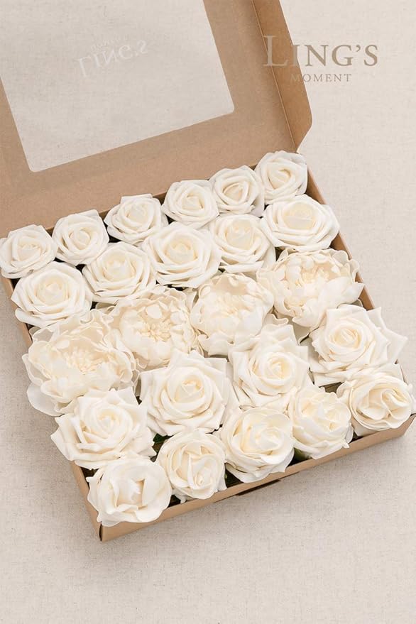 Ling's Moment Artificial Flowers Fake Roses Faux Foam Peony Combo for DIY Wedding Bouquets Centerpieces Arrangements Bridal Shower Party Home Decorations, Ivory, 24pcs
