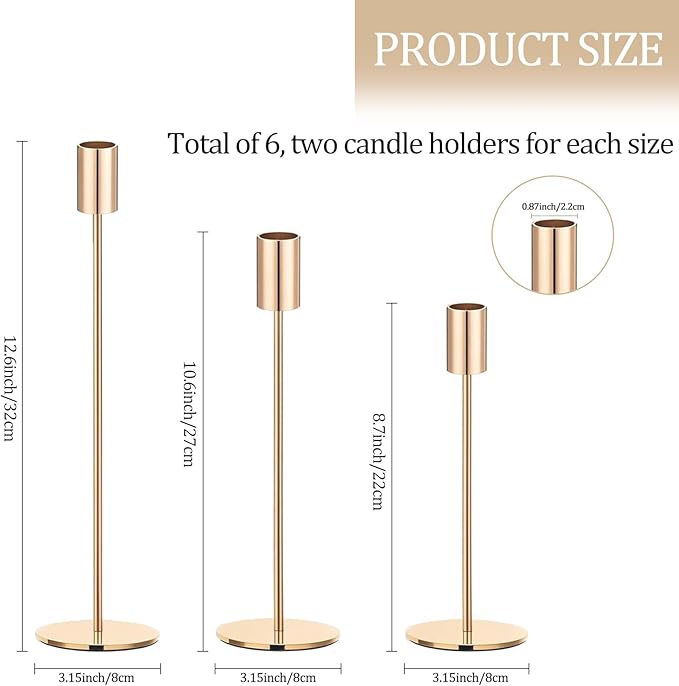 Set of 6 Gold Taper Candle Holders, Metal Gold Candlestick Holders, Tall Candle Holder, Fits 3/4 inch Thick Candle&Led Candles, for Table Centerpiece, Wedding, Dinning, Party Home Decor