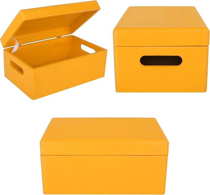 Large Yellow Wooden Box Storage with Hinged Lid | 11.8 x 7.87 x 5.51 inches (+-0.5) | with Handles | Gift Box for Tool Dog Toy Shoes Clothes Kitchen Storage | Wood Keepsake Chest