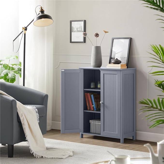 Yaheetech Bathroom Floor Cabinet, Modern Storage Freestanding Organizer Cabinet with Adjustable Shelves & Double Doors, 3-Tier Home Living Room Furniture, Gray