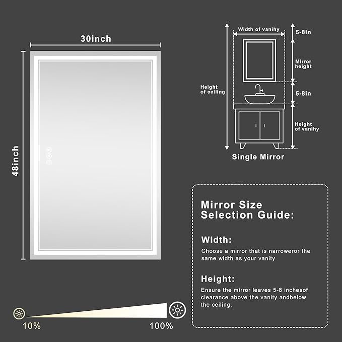 48''x30'' Lighted Mirrors for Bathroom Wall Backlit + Front Lit, Rectangular LED Bathroom Mirror Frameless with Lights Anti Fog, Dimmable, 3 Colors,Tempered Glass, Shatter-Proof