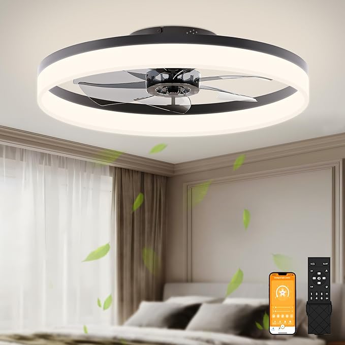 VOLISUN Low Profile Ceiling Fans with Lights and Remote, 23.6in Flush Mount Ceiling Fans with Light, 3000K-6500K Dimmable Fandelier LED Fan Light, Bladeless Ceiling Fan with Lights for Bedroom(Black)