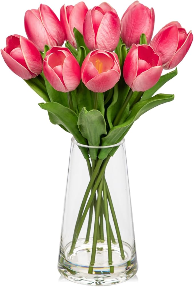 Fake Tulips Artificial Tulip Flowers in Glass Vase with Faux Water, 14.2" Real Touch Pink Tulip Flowers Spring Décor for Table Centerpiece Home Farmhouse Resto Wedding Decoration