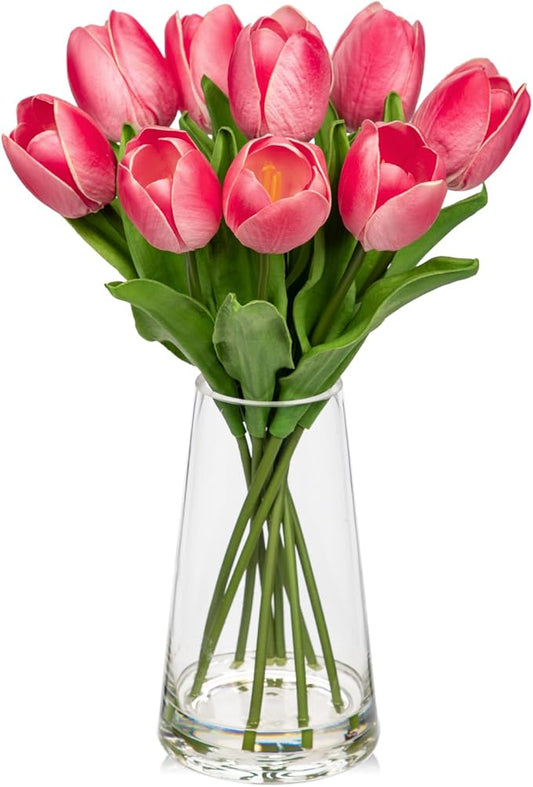 Fake Tulips Artificial Tulip Flowers in Glass Vase with Faux Water, 14.2" Real Touch Pink Tulip Flowers Spring Décor for Table Centerpiece Home Farmhouse Resto Wedding Decoration