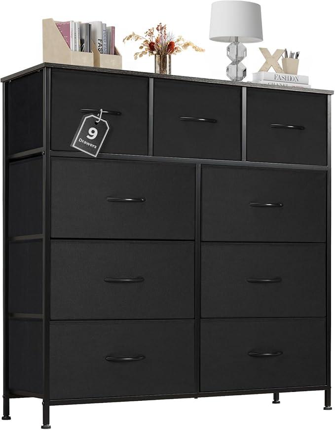 Sweetcrispy Dresser for Bedroom with 9 Storage Drawers, Tall Large Fabric Storage Tower Organizer, Chest of Drawers with Metal Frame Wooden Top for Nursery, Closet, Living Room, Entryway, Black