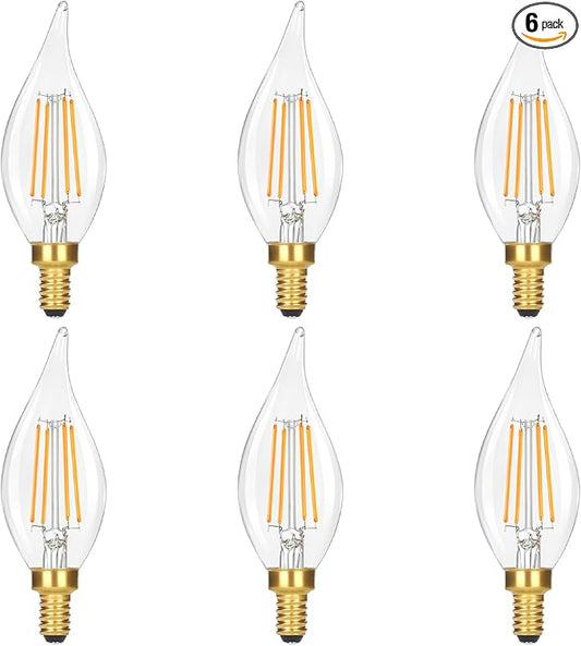GoBright Dimmable LED Candelabra Bulbs 2700K Soft Warm White, 60W 630LM Candle Light Bulb with Vintage Flame Tip, 6W Clear Glass LED Bulbs for Chandelier, Pendant, 6-Pack