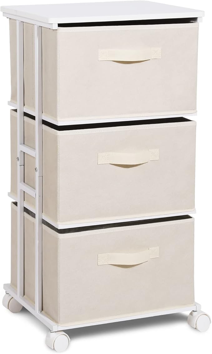 MAX Houser Dresser Tower with 3 Drawers for Bedroom, Fabric Storage Organizer Unit, Chest of Drawers with with WoodTop, Small Vertical Storage for Guest Room, Closet, Entryway, Nursery(Beige)