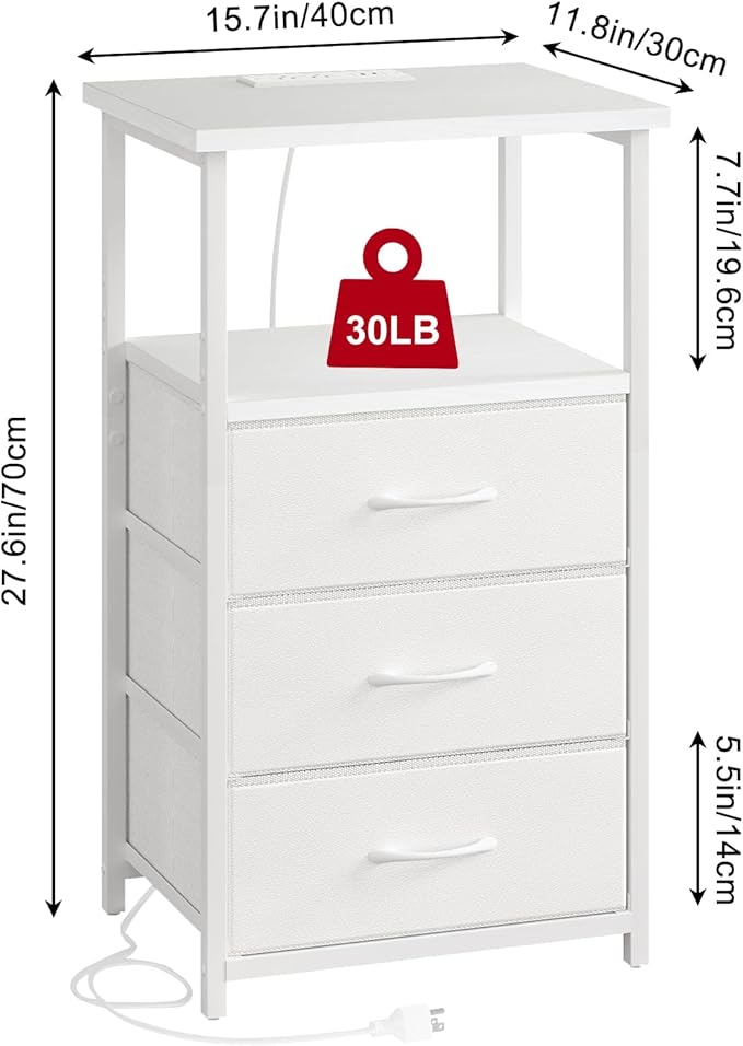 Fixwal White Night Stand, Nightstand with Charging Station, End Table, Bedside Table with Fabric Drawers for Bedroom