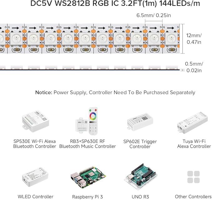 BTF-LIGHTING WS2812B RGB ECO LED Strip, Chasing Effects 5050SMD Individually Addressable 3.3FT 144(2X72) Pixels/m Flexible Dream Color IP65 for Bedroom DIY Projects DC5V(No Adapter or Controller)