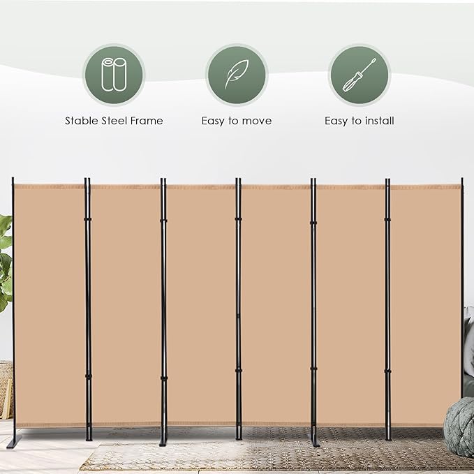 RANTILA 6 Panel Room Divider, 6 FT Folding Privacy Screen with Wide Feet, Freestanding Partition for Room Separation, Portable Room Divider Panel, 133" W x 71" H, Beige