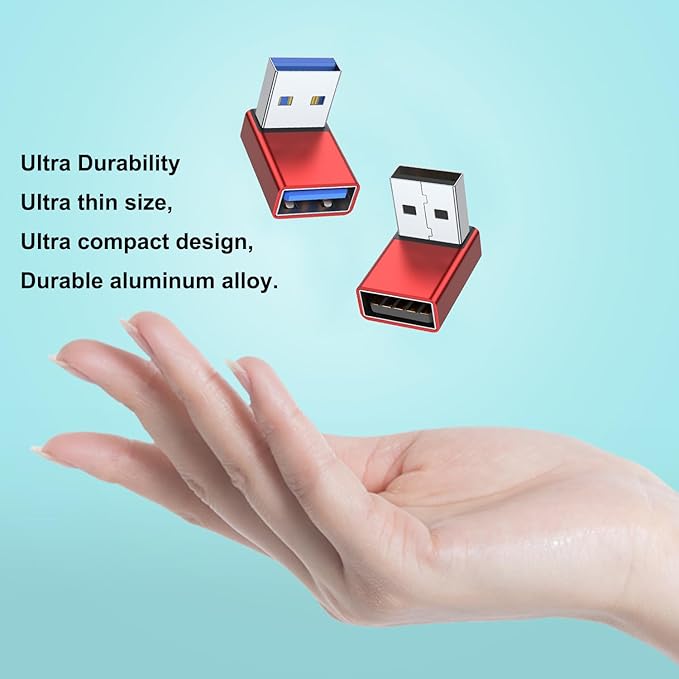 AreMe 90 Degree USB 3.0 Adapter 2 Pack, Up and Down Angle USB A Male to Female Converter Extender for PC, Laptop, USB A Charger, Power Bank and More (Red)