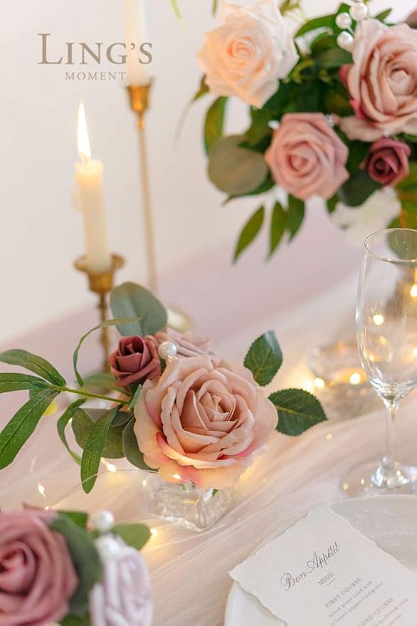 Ling's moment Artificial Flowers Fake Silk Roses Faux Foam Flower Combo for DIY Wedding Bouquets Centerpieces Arrangements Bridal Shower Party Home Decorations, Dusty Rose & Cinnamon Rose, 26pcs