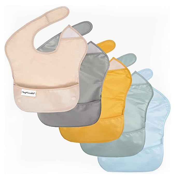 Tiny Twinkle Mess Proof Baby Bibs for Eating - Waterproof, Wipeable Bibs - Toddler Bibs - Travel Friendly - PFAS, PVC, BPA, Phthalate Free - Baby Food Bibs(5 Pack,Unisex Solids)