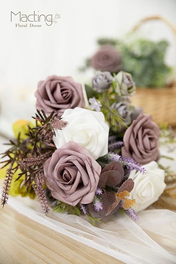 MACTING Artificial Rose Flowers 30PCS Real Touch Fake Flowers with Stem Foam Roses for DIY Wedding Bouquets Table Centerpieces Baby Shower Party Spring Home Mothers Day Decor (Dusty Purple Pink)