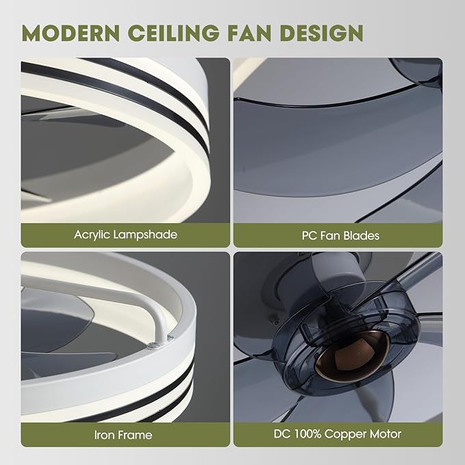 Ceiling Fans with Lights, Flush Mount Ceiling Fan with Lights and Remote, 6 Wind Speeds Smart Low Profile Ceiling Fan for Bedroom, Dining Room and Kitchen 20" (White)