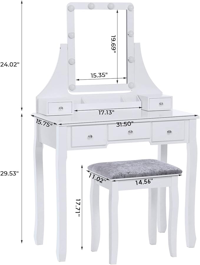 BEWISHOME Makeup Vanity Desk with Lights,Girls Vanity Set with Mirror and Stool,Small Vanity Desk with 5 Drawers,3 Light Settings,Adjustable Brightness,Dressing Table for Bedroom,White FST08W