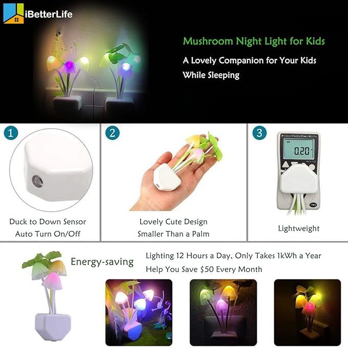 iBetterLife LED Night Light Smart Sensor 0.6W Color Changing Plug-in Night Lights for Kids Adults Cute Mushroom Night Light Bedroom Home Decor Light Wall Lamps NightLight