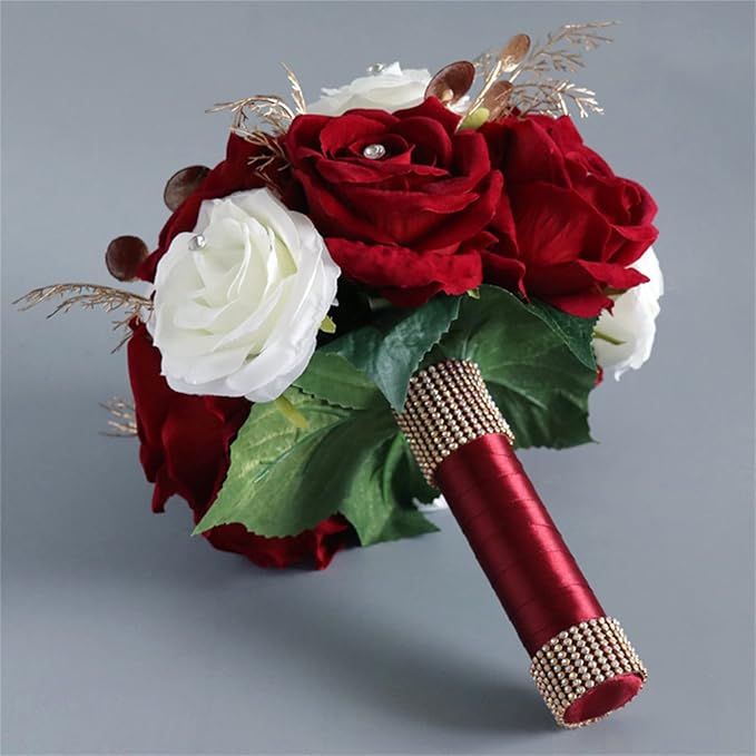 Wedding Bouquets for Bride Bridesmaid, Wine Red White Rose Artificial Flowers Bouquet Bouquet Bride Church Home Decoration