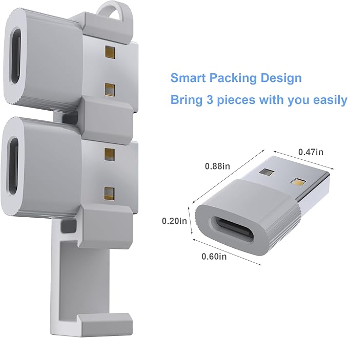 USB to USB C Adapter 3 Pack for iPhone 17 Pro Max,16 15 Charger Adapter,Type C Female to USBA Male Converter for Apple Watch iWatch S11 S10 SE,iPad mini 7 6 Air 5,Samsung S25,(Grey)