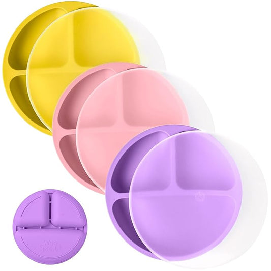 WeeSprout Silicone Plates with Lids for Babies & Toddlers (3 Pack) 100% Food-Grade Dishes for Self Feeding, Divided Design & Raised Edges for Picky Eaters, Dishwasher & Microwave Safe Weaning Supplies