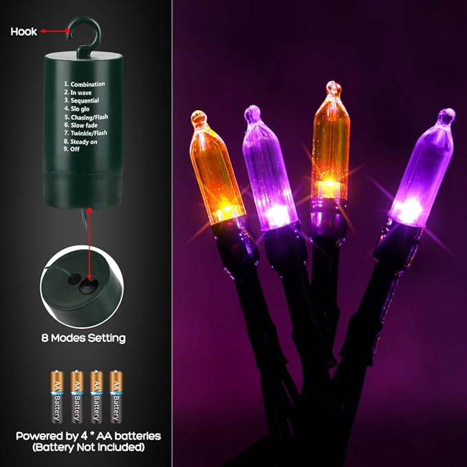 LYHOPE Orange Purple Halloween Lights Indoor, 33ft 100 LED Battery Halloween Light with 8 Mode, Timer, Waterproof Battery Operated String Lights for Home Tree Wreaths Party Yard Outdoor Holiday Decor