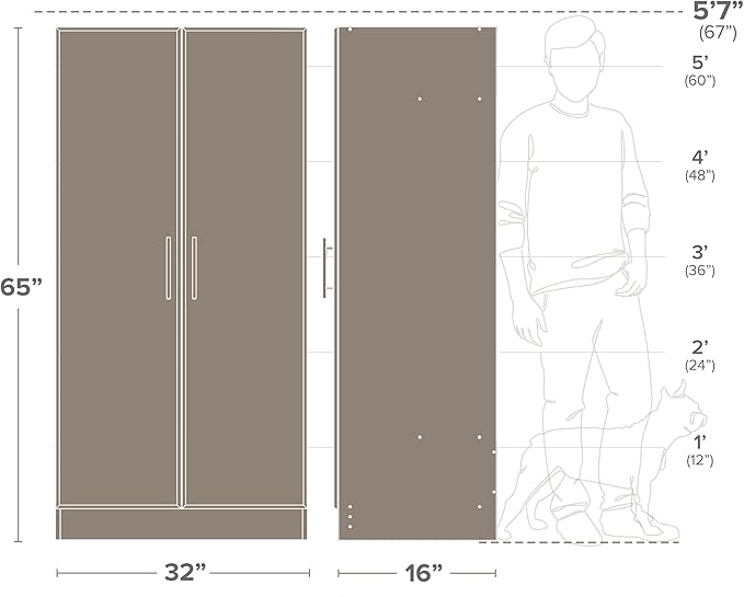 Prepac Elite Tall Garage Storage Cabinet & Pantry Storage Cupboard, 2-Door Freestanding Bathroom or Pantry Cabinet with Adjustable Shelves, 16" D x 32" W x 65" H, Light Gray