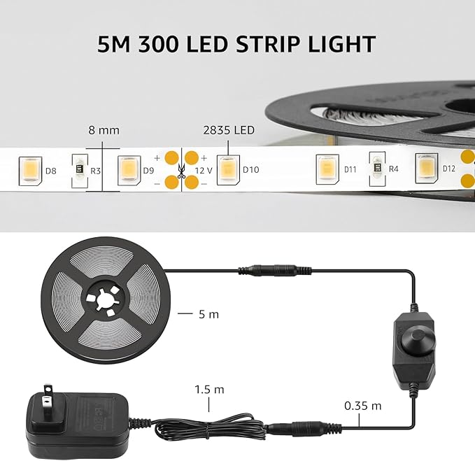 Lepro LED Strip Light White, 16.4ft Dimmable Vanity Lights, 6000K Super Bright LED Tape Lights, 300 LEDs 2835, Strong 3M Adhesive, Suitable for Home, Kitchen, Under Cabinet, Bedroom, Daylight White