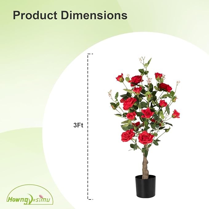 Artificial Rose Flower Trees 2 Pack- 38’’ Lifelike Plant in Pot with Red Flowers Decorative Rose Trees for Home, Office, Wedding, and Event Decor, Red
