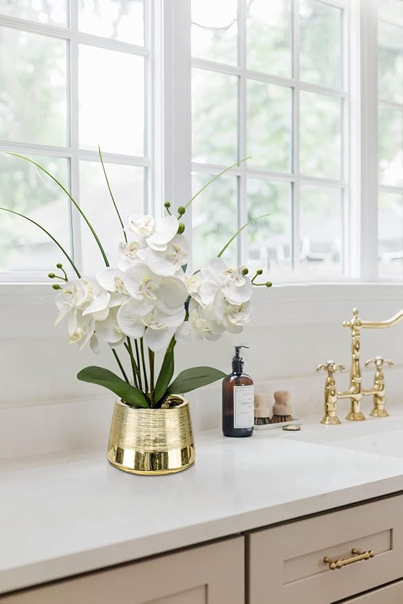 Artificial White Phalaenopsis Orchid Flower Arrangements Faux Orchid Flower in Gold Pot Orchid Centerpiece for Dining Room Table