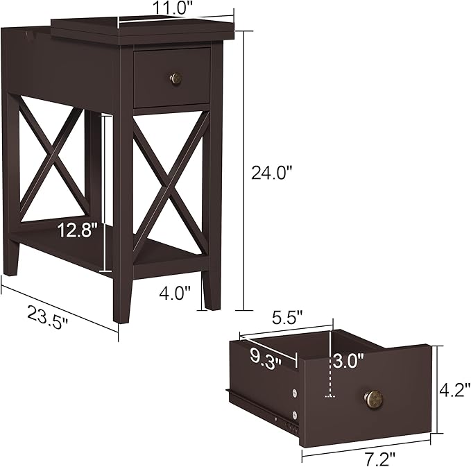 ChooChoo End Table Set of 2, Flip Top Narrow End Table with Drawer, Accent Small Side Table Nightstand for Living Room, Bedroom, and Small Spaces, Espresso