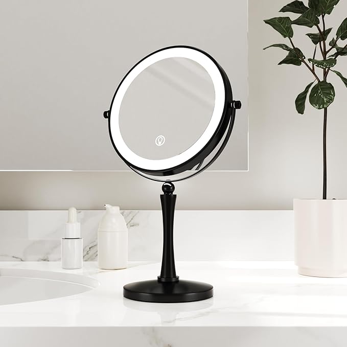 Nicesail 8” Desk Mirror with Light Dimmable 3 Colors Lighting, Magnifying Mirror with Lights and 1X/7X Magnification Makeup Vanity Mirror with Lights, Makeup Mirror for Home Hotel Desktop, Black 7X