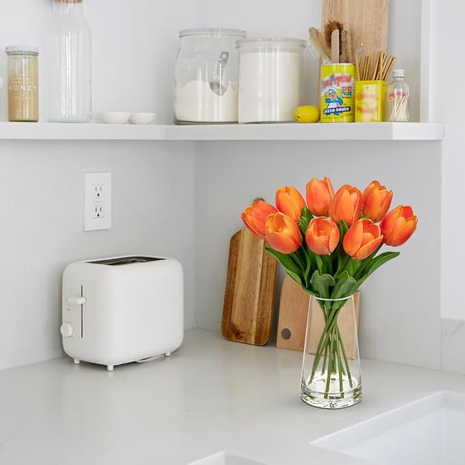 Fake Tulips Artificial Tulip Flowers in Glass Vase with Faux Water, 14.2" Real Touch Orange Tulip Flowers Décor for Table Centerpiece Home Farmhouse Resto Wedding Decoration