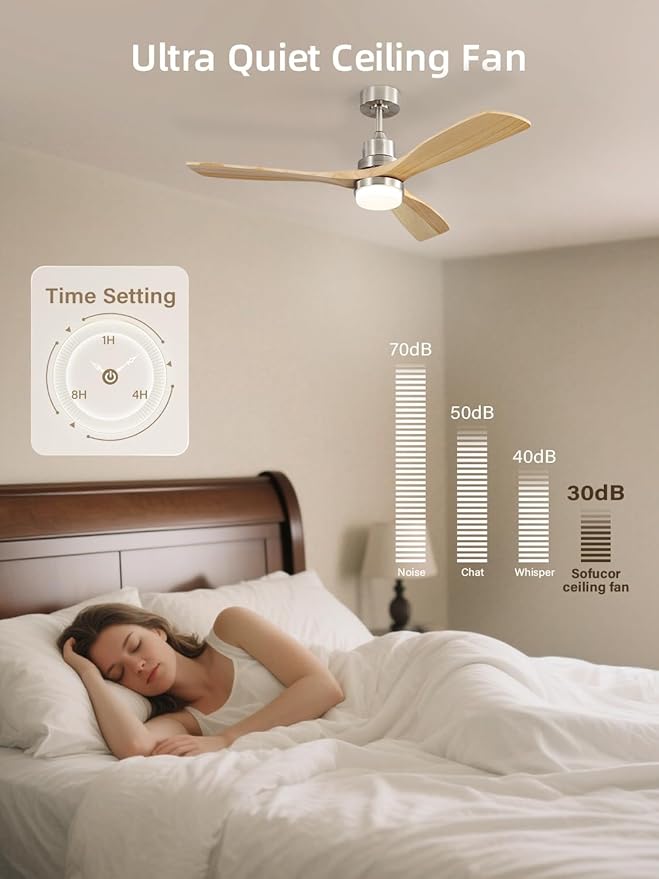 Sofucor 52 Inch Smart Ceiling Fans with Lights and Alexa/Google Assistant/APP/Remote Control-Modern Outdoor 3 Solid Wood Blades Ceiling Fan for Bedroom Living Room Patio, Sandy Nickel&Natural Wood