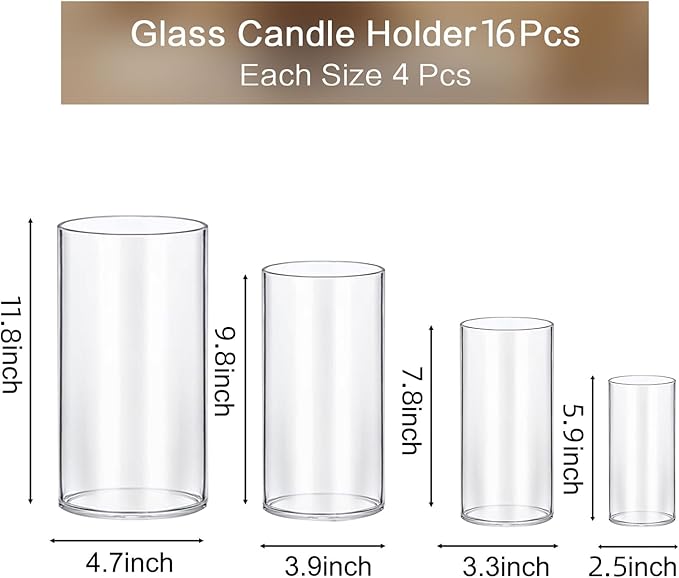 PHOSPHOR 16 PCS Glass Candle Holder, Hurricane Candle Hoder, Glass Pillar Candle Holder, Clear Cylinder Candleholder Cylinder Vase for Centerpieces Wedding Party Decoration