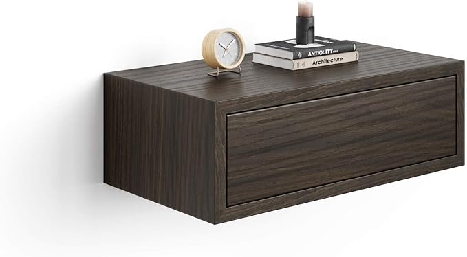 Mobili Fiver, Riccardo Wall Bedside Table, Dark Walnut, Made in Italy