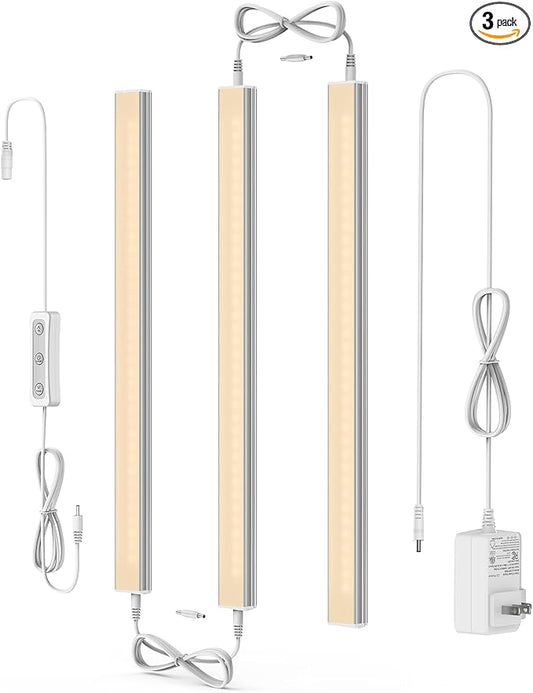 ASOKO Dimmable LED Under Cabinet Lights Warm White 2700K, 3 Pcs 12" Linkable LED Cabinet Lighting Plug in, 24V ETL Listed Plug, Led Closet Light Bars for Kitchen Counter, Shelf, Bookcase, Showcase etc
