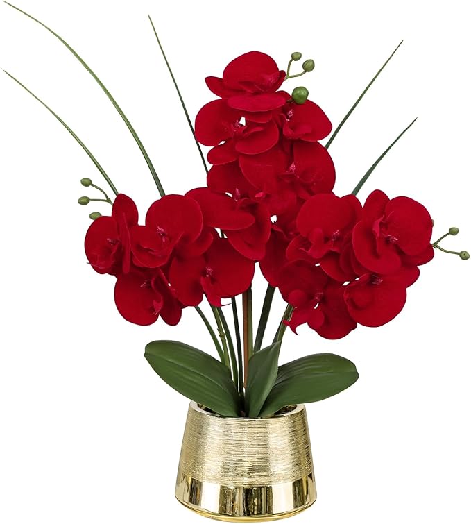 Artificial Red Phalaenopsis Orchid Flower Arrangements Faux Orchid Flower in Gold Pot Orchids Centerpiece for Dining Room Table
