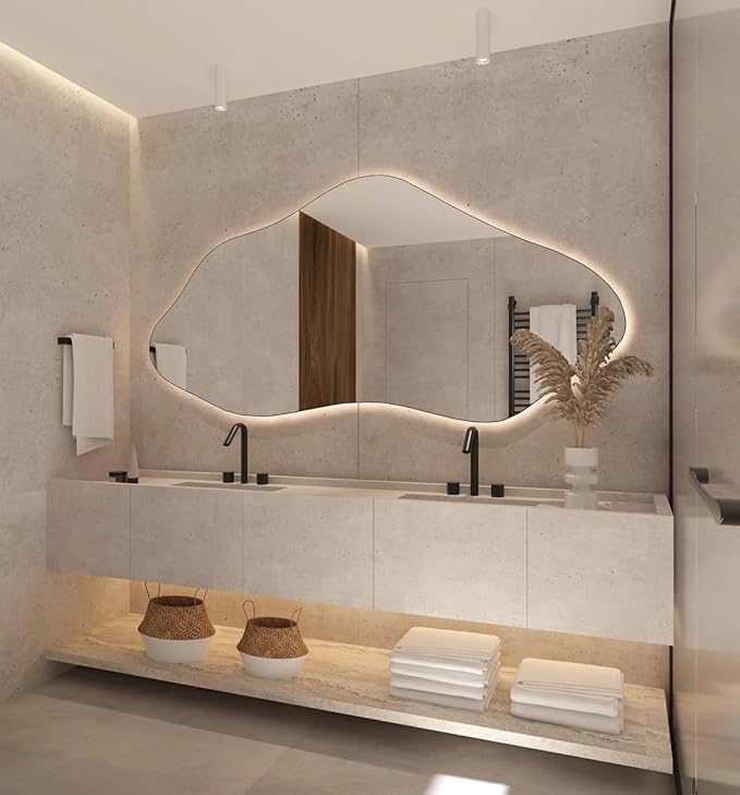 Asymmetrical Bathroom LED Mirror, Modern Irregular Shape Wall Mirror with LED Lights, Frameless Aesthetic Backlit LED Illimunated Vanity Mirror (30" x 15" inc)