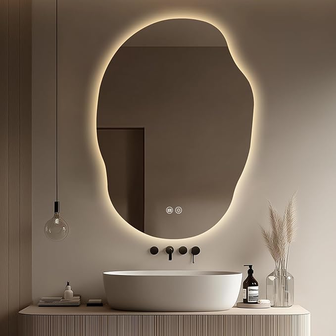 LED Mirror for Bathroom 25x35, Stepless Dimmable Irregular Backlit Mirror with 3 Colors, Anti-Fog, Memory, Al-Alloy Lampshade, Frameless Vanity Mirror for Bathroom (Horizontal/Vertical)