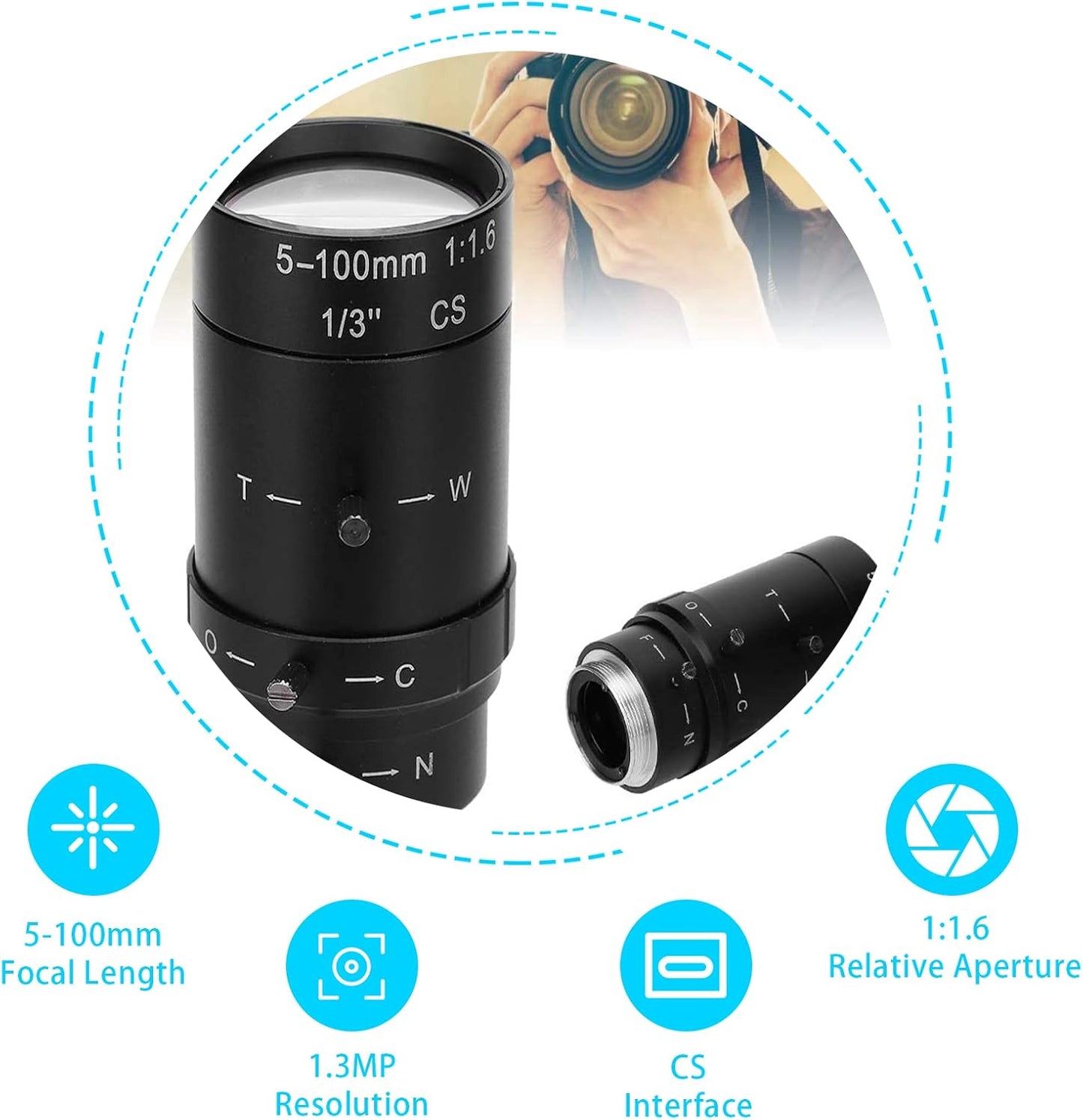 Zoom Camera Lens, 1.3MP Zoom CCTV Lens CS Mount Manual Aperture 5-100mm Aluminum Alloy Low Distortion High
