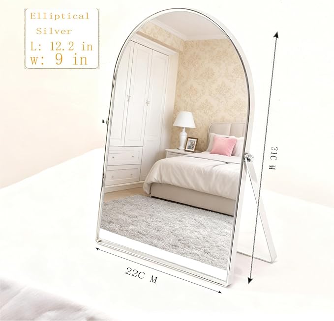 Silver Metal Mirror Vanity Table Desk Arch Makeup Mirror 90°Adjustable Rotation Framed Standing Mirrors Room Decor for Living Room,Bedroom,Tabletop,Bathroom