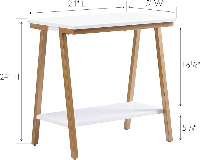 Leick Home 214312 Empiria Narrow Side Table with Shelf and Metal Frame, Wood End Table for Living Room Bedroom, White