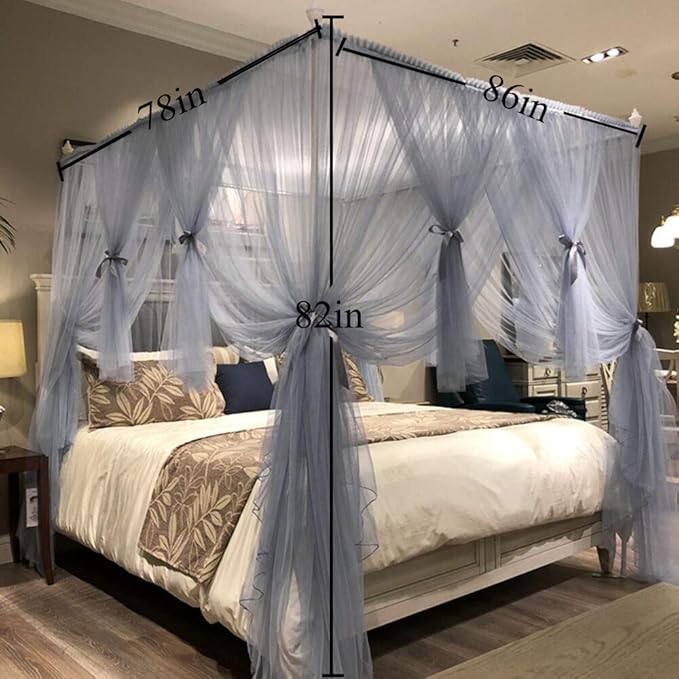 Joyreap 4 Corners Post Canopy Bed Curtain for Girls & Adults - Royal Luxurious Cozy Drape Netting - Cute Princess Bedroom Decoration Accessories (Gray-Blue, King)