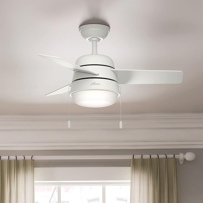 Hunter 36 inch Small Indoor Ceiling Fan with LED Light and Pull Chain - Modern Ceiling Fan, Standard Mount, 3 Blades, For Bedroom, Home Office, or Laundry Room, Quiet - Aker 59301, Fresh White