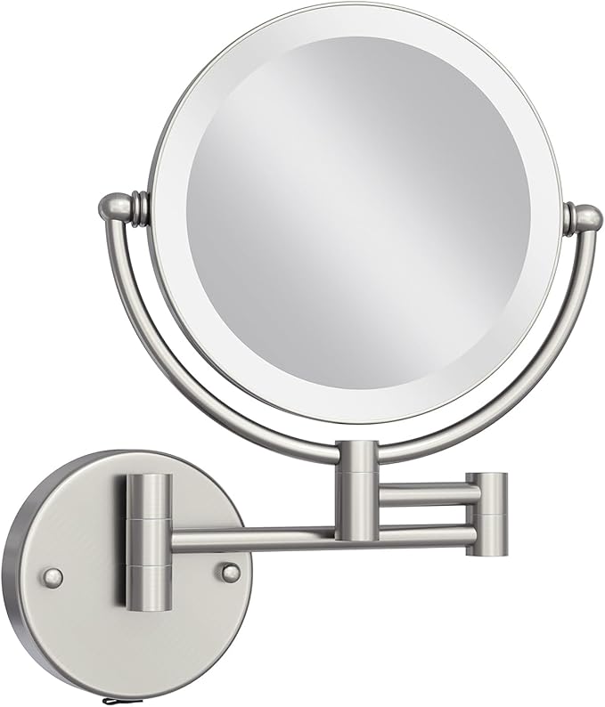 Makeup Mirror Wall Mounted with Lights and 10X Magnification, 8 Inches Rechargeable Double Sided Magnifying, Touch Dimmable Extended Arm 360 Rotation, Foldable Cosmetic Mirror Brushed Nickel