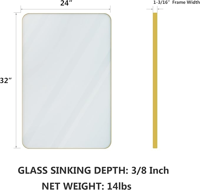 VocalStar Gold Bathroom Mirror for Wall, 24 x 32 Inch Metal Framed Rounded Rectangle Vanity Mirror Modern Farmhouse, 1/4-inch Shatterproof Glass | Ultra-Flush Hanging